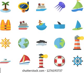 Color flat icon set fish flat vector, lighthouse, sailboat, earth fector, island, surfing, swimming mask, steering wheel, life vest, lifebuoy, cruise ship, shark, yacht, jellyfish, windsurfing