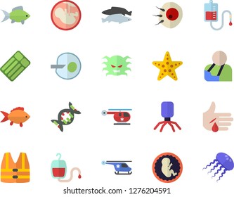 Color Flat Icon Set Fish Flat Vector, Blood Transfusion, Virus, Injury, Helicopter, Embryo, Artificial Insemination, Dna, Starfish Fector, Life Vest, Inflatable Mattress, Jellyfish