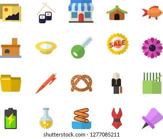Color flat icon set fish flat vector, bagel, dish, rolls, flower, fireplace, battery, chemistry, fabric manufacture, store front, sell out, computer file, businessman, pen, swimsuit, tent fector