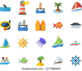 Color flat icon set fish flat vector, oil production platform, lighthouse, sailboat, fector, island, swimming mask, steering wheel, life vest, cruise ship, shark, yacht, jellyfish, windsurfing