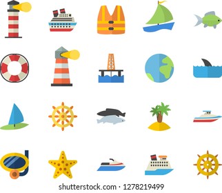 Color flat icon set fish flat vector, oil production platform, lighthouse, sailboat, earth fector, island, swimming mask, starfish, steering wheel, life vest, water scooter, lifebuoy, cruise ship