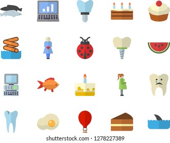 Color flat icon set fish flat vector, watermelon, cupcake, piece of cake, scrambled eggs, ladybird, gestation, caries, implant, computer, balloon fector, aquapark, shark
