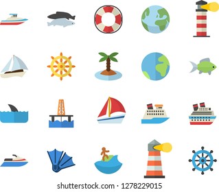 Color flat icon set fish flat vector, oil production platform, lighthouse, sailboat, earth fector, island, surfing, flippers, steering wheel, water scooter, lifebuoy, cruise ship, shark, yacht