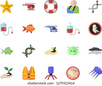 Color Flat Icon Set Fish Flat Vector, Seedlings, Blood Transfusion, Virus, Injury, Helicopter, Embryo, Dna, Starfish Fector, Life Vest, Lifebuoy, Jellyfish