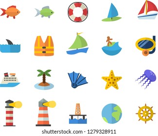 Color flat icon set fish flat vector, oil production platform, lighthouse, sailboat, earth fector, island, surfing, swimming mask, flippers, starfish, life vest, lifebuoy, cruise ship, shark