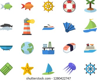 Color flat icon set fish flat vector, sashimi, oil production platform, lighthouse, sailboat, earth fector, sea beach, island, flippers, starfish, water scooter, lifebuoy, cruise ship, jellyfish