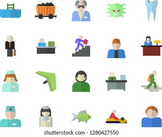 Color flat icon set fish flat vector, mining, person, physician, virus, massage, nurse, caries, office worker, businessman, career ladder, scientist, hike fector, hang glider, pool, reception desk