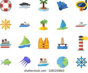Color flat icon set fish flat vector, oil production platform, lighthouse, sailboat, earth fector, island, swimming mask, flippers, steering wheel, life vest, water scooter, lifebuoy, cruise ship