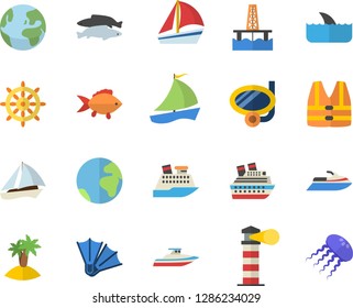 Color flat icon set fish flat vector, oil production platform, lighthouse, sailboat, earth fector, island, swimming mask, flippers, steering wheel, life vest, water scooter, cruise ship, shark