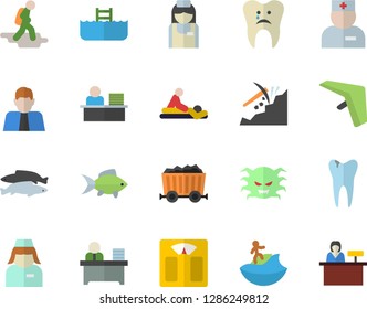 Color flat icon set fish flat vector, mining, person, physician, virus, massage, nurse, caries, office worker, weighing machine, hike fector, hang glider, surfing, pool, reception desk