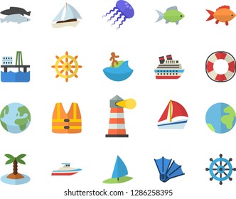 Color flat icon set fish flat vector, oil production platform, lighthouse, sailboat, earth fector, island, surfing, flippers, steering wheel, life vest, lifebuoy, cruise ship, yacht, jellyfish