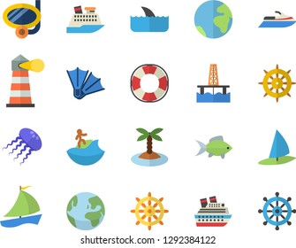 Color flat icon set fish flat vector, oil production platform, lighthouse, sailboat, earth fector, island, surfing, swimming mask, flippers, steering wheel, water scooter, lifebuoy, cruise ship