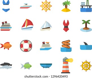 Color flat icon set fish flat vector, oil production platform, lighthouse, sailboat, swimsuit, fector, sea beach, island, aquapark, steering wheel, lifebuoy, cruise ship, shark, yacht