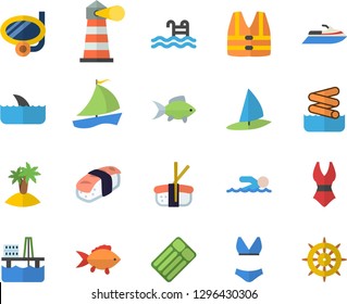 Color flat icon set fish flat vector, sashimi, oil production platform, lighthouse, sailboat, swimsuit, swimming, pool, island fector, mask, aquapark, life vest, water scooter, shark, windsurfing