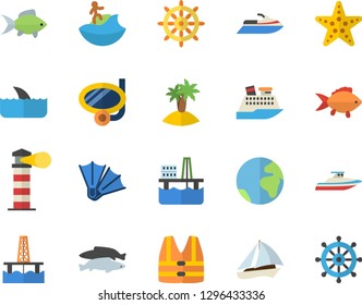 Color flat icon set fish flat vector, oil production platform, lighthouse, earth fector, sailboat, island, surfing, swimming mask, flippers, starfish, steering wheel, life vest, water scooter, shark