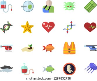 Color flat icon set fish flat vector, seedlings, blood transfusion, virus, injury, helicopter, embryo, artificial insemination, dna, heartbeat, starfish fector, life vest, inflatable mattress