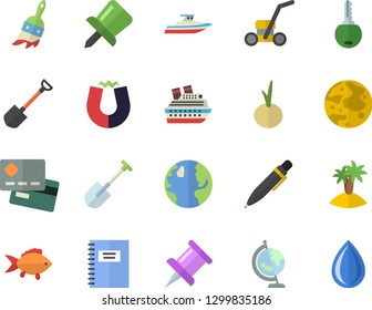 Color flat icon set fish flat vector, onion, shovel, paint brush, lawn mower, earth, credit card, drawing pin, pen, moon, globe, magnet, notebook, island fector, cruise ship, yacht, key, drop
