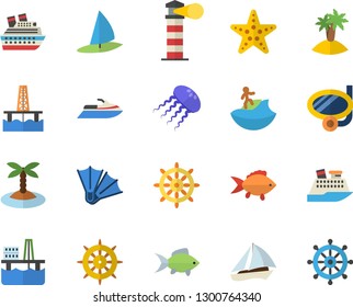 Color flat icon set fish flat vector, oil production platform, lighthouse, sailboat fector, island, surfing, swimming mask, flippers, starfish, steering wheel, water scooter, cruise ship, jellyfish