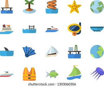 Color flat icon set fish flat vector, oil production platform, sailboat, pool, earth, sea beach, island, swimming mask, flippers, starfish, aquapark, life vest, water scooter, cruise ship