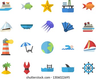 Color flat icon set fish flat vector, oil production platform, lighthouse, sailboat, swimsuit, swimming, pool, earth fector, sea beach, chaise lounge, island, flippers, starfish, cruise ship, shark