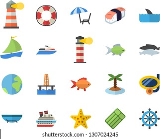 Color flat icon set fish flat vector, sashimi, oil production platform, lighthouse, sailboat, earth fector, sea beach, chaise lounge, island, swimming mask, starfish, water scooter, lifebuoy, shark