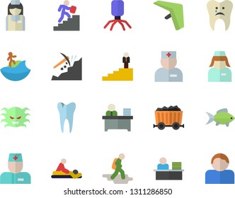 Color flat icon set fish flat vector, mining, physician, virus, massage, nurse, caries, office worker, career ladder, hike fector, hang glider, surfing, user