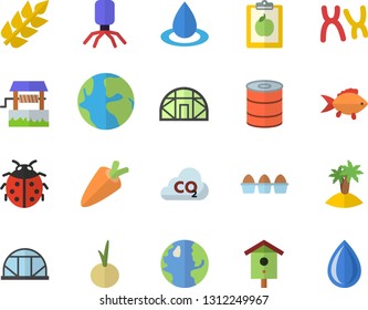 Color flat icon set fish flat vector, carrot, egg, canned food, onion, well, nesting box, ladybird, greenhouse, earth, drop, carbon dioxide, virus, chromosomes, ear, diet, island fector