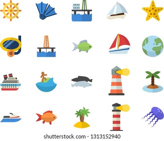 Color flat icon set fish flat vector, oil production platform, lighthouse, sailboat, earth fector, island, surfing, swimming mask, flippers, starfish, steering wheel, water scooter, cruise ship