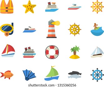 Color flat icon set fish flat vector, lighthouse, sailboat, fector, island, surfing, swimming mask, flippers, starfish, steering wheel, life vest, water scooter, lifebuoy, cruise ship, yacht