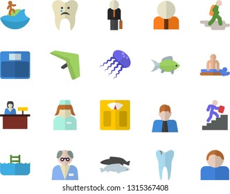 Color flat icon set fish flat vector, person, massage, nurse, caries, businessman, career ladder, scientist, weighing machine, hike fector, hang glider, surfing, pool, reception desk, jellyfish