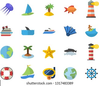 Color flat icon set fish flat vector, lighthouse, sailboat, earth fector, island, surfing, swimming mask, flippers, starfish, water scooter, lifebuoy, cruise ship, shark, jellyfish, windsurfing