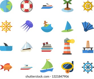 Color flat icon set fish flat vector, oil production platform, lighthouse, sailboat, earth fector, island, surfing, swimming mask, flippers, steering wheel, water scooter, lifebuoy, cruise ship