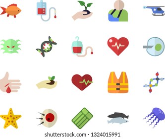 Color flat icon set fish flat vector, seedlings, blood transfusion, virus, injury, helicopter, artificial insemination, dna, heartbeat, starfish fector, life vest, inflatable mattress, jellyfish