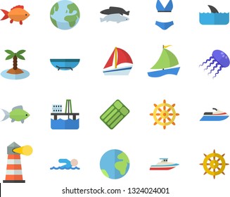 Color flat icon set fish flat vector, oil production platform, lighthouse, sailboat, swimsuit, swimming, earth fector, sea beach, island, steering wheel, water scooter, shark, yacht, jellyfish