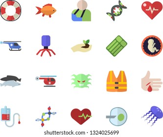 Color flat icon set fish flat vector, seedlings, blood transfusion, virus, injury, helicopter, embryo, artificial insemination, dna, heartbeat, life vest fector, lifebuoy, inflatable mattress