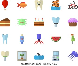 Color flat icon set fish flat vector, watermelon, cupcake, piece of cake, virus, gestation, caries, implant, computer, bicycle fector, balloon, aquapark, photo, shark, jellyfish