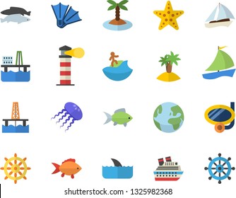 Color flat icon set fish flat vector, oil production platform, lighthouse, sailboat, earth fector, island, surfing, swimming mask, flippers, starfish, steering wheel, cruise ship, shark, jellyfish