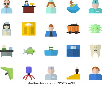 Color flat icon set fish flat vector, mining, person, physician, virus, nurse, caries, office worker, career ladder, scientist, weighing machine, hang glider fector, surfing, pool, reception desk