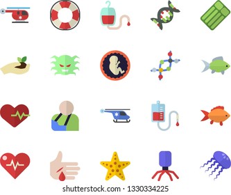 Color Flat Icon Set Fish Flat Vector, Seedlings, Blood Transfusion, Virus, Injury, Helicopter, Embryo, Dna, Heartbeat, Starfish Fector, Lifebuoy, Inflatable Mattress, Jellyfish