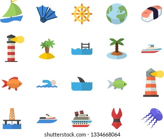 Color flat icon set fish flat vector, sashimi, oil production platform, lighthouse, sailboat, swimsuit, swimming, pool, earth fector, island, flippers, steering wheel, water scooter, cruise ship