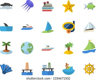 Color flat icon set fish flat vector, oil production platform, sailboat, earth fector, island, surfing, swimming mask, flippers, starfish, water scooter, cruise ship, shark, yacht, jellyfish