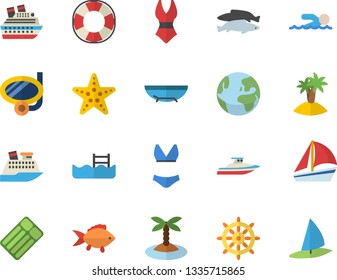 Color flat icon set fish flat vector, sailboat, swimsuit, swimming, pool, earth fector, sea beach, island, mask, starfish, steering wheel, lifebuoy, cruise ship, yacht, inflatable mattress