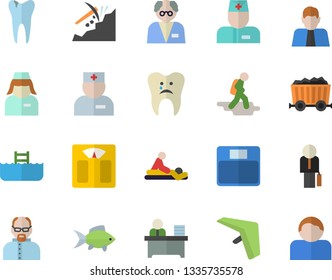 Color flat icon set fish flat vector, mining, person, physician, massage, nurse, caries, office worker, businessman, scientist, weighing machine, hike fector, hang glider, pool, user