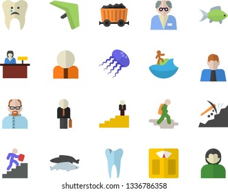 Color flat icon set fish flat vector, mining, person, caries, businessman, career ladder, scientist, weighing machine, hike fector, hang glider, surfing, reception desk, jellyfish, user