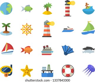 Color flat icon set fish flat vector, oil production platform, lighthouse, sailboat, earth fector, island, surfing, swimming mask, flippers, starfish, steering wheel, water scooter, lifebuoy