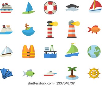 Color flat icon set fish flat vector, oil production platform, lighthouse, sailboat, earth fector, island, surfing, flippers, life vest, lifebuoy, cruise ship, yacht, windsurfing, steering wheel