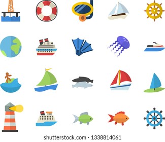 Color flat icon set fish flat vector, oil production platform, lighthouse, sailboat, earth fector, surfing, swimming mask, flippers, water scooter, lifebuoy, cruise ship, jellyfish, windsurfing