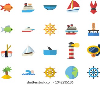 Color flat icon set fish flat vector, sashimi, oil production platform, lighthouse, sailboat, swimsuit, swimming, earth fector, sea beach, island, mask, steering wheel, cruise ship, shark, yacht