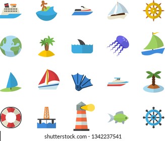 Color flat icon set fish flat vector, oil production platform, lighthouse, sailboat, earth fector, island, surfing, flippers, water scooter, lifebuoy, cruise ship, shark, yacht, jellyfish