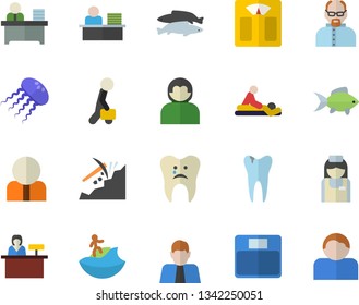 Color flat icon set fish flat vector, mining, person, massage, nurse, caries, office worker, businessman, scientist, weighing machine, surfing fector, reception desk, jellyfish, user